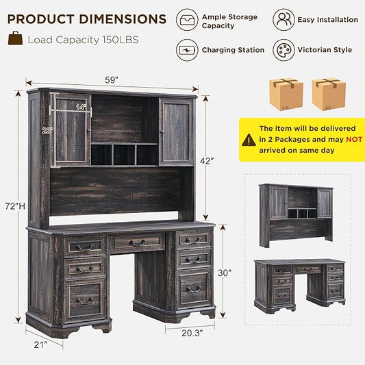 T4TREAM 59" Farmhouse Executive Desk with Hutch,Wood Home Office Computer Desk, Featuring Keyboard Tray,Charging Station,File Drawer, Storage Cabinet,for Work and Study (Dark Rustic Oak)