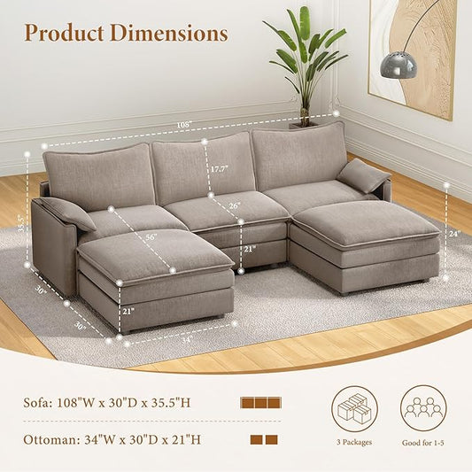 Vesgantti 108" U Shaped Sectional Couch, Comfy Cloud Modular Sectional Sofa with 2 Ottoman Deep Seat Chenille Modern Cloud Sofa, Modular Sofas for Living Room, Bedroom and Apartment, Light Brown
