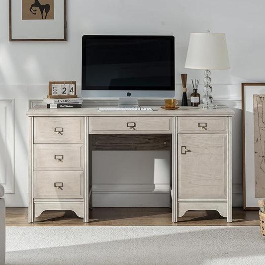 Chogori 55" Solid Wood Executive Desk, Farmhouse Office Computer Desk with 5 Drawers & Storage Cabinet, Wooden Writing Table for Home Office Study Bedroom,Gray