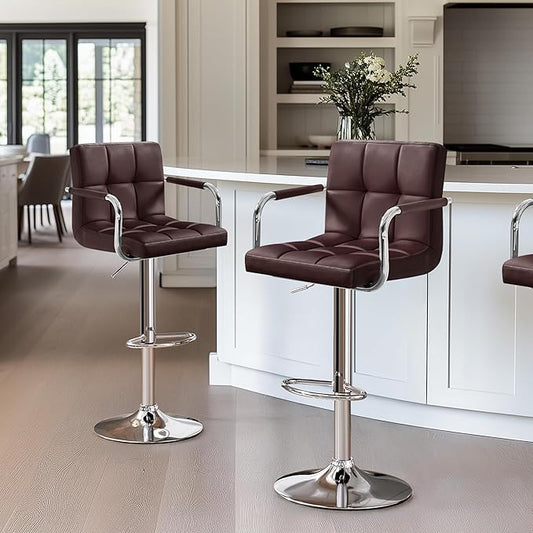 Yaheetech Bar Stools Set of 2, Adjustable PU Leather Swivel Barstools, Modern Counter Stools with Back and Footrest, Counter Height Barstools for Bar, Kitchen, Dining Room, Brown