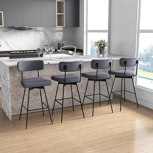 COSTWAY Bar Stools Set of 4, 29” Upholstered Bar Height Chairs with Back, 360° Swivel Dining Chairs with Heavy-Duty Metal Legs and Footrests, for Kitchen Island, Dining Room, Bar (4, Grey)