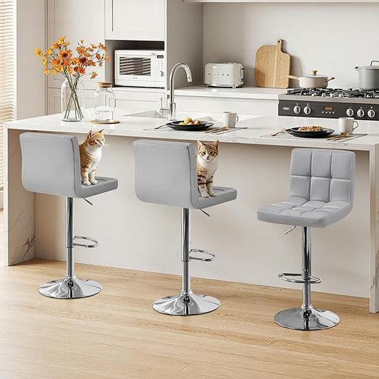 Yaheetech Bar Stools Set of 3, Adjustable PU Leather Swivel Barstools, Modern Counter Stools with Back and Footrest, Counter Height Barstools for Bar, Kitchen, Dining Room, Light Grey