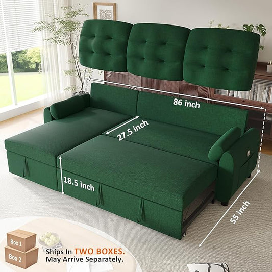 Ucloveria Sleeper Sofa Bed, 86" Convertible Sectional Sofa Couches for Living Room, Pull Out Couch Bed with Reversible Storage Chaise | USB Ports | Side Pockets | Removable Backrest