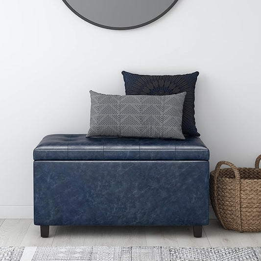 SIMPLIHOME Cosmopolitan Storage Ottoman - 34 inch Wide Upholstered Vegan Leather Rectangle Storage Ottoman Bench in Denim Blue, Transitional Tufted Ottoman for Living Room or Entryway with Lift-Up Lid
