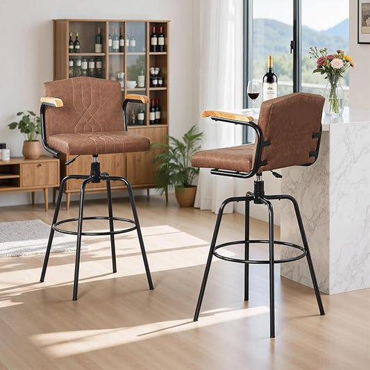 VECELO Bar Stools Set of 2, Swivel Faux Leather Bar Stools with Backs and Footrest, for Kitchen Islands, Dining Counters, Home Bars, Brown