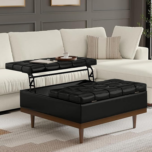 SIMPLIHOME Mariah 36 inch Wide Contemporary Rectangle Lift Top Table Storage Ottoman in Midnight Black PU Black faux leather, Assembled, For the Living Room, Entryway and Family Room