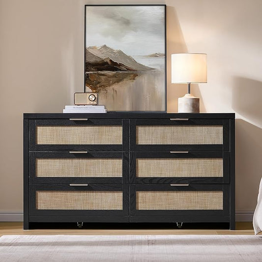 SICOTAS Rattan Dresser for Bedroom, 56.9" Wide 6 Drawer Dresser with Ample Storage, Wooden Dressers Large Chest of Drawers, Closet, Boho TV Stand for Bedroom (Black Oak, 1 Piece)