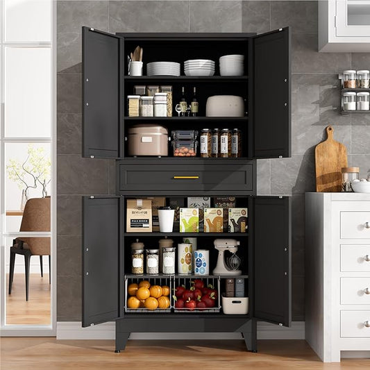 71" Tall Pantry Storage Cabinet with Drawer and Adjustable Shelves, Freestanding Tall Kitchen Cupboard Storage Cabinet for Kitchen,Dining Room, Living Room, Black