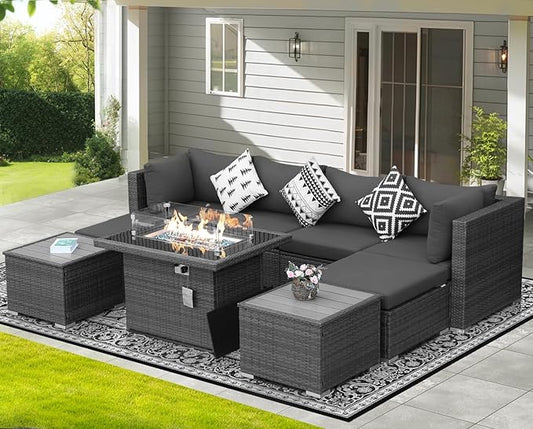 NICESOUL 9 Piece Outdoor Patio Garden Furniture Set with Fireplace Natural Gas/Propane, 29.3'' High Back Oversized Wicker Sectional Sofas, Deep Seating Couches for Outside Backyard Terrace, Gray