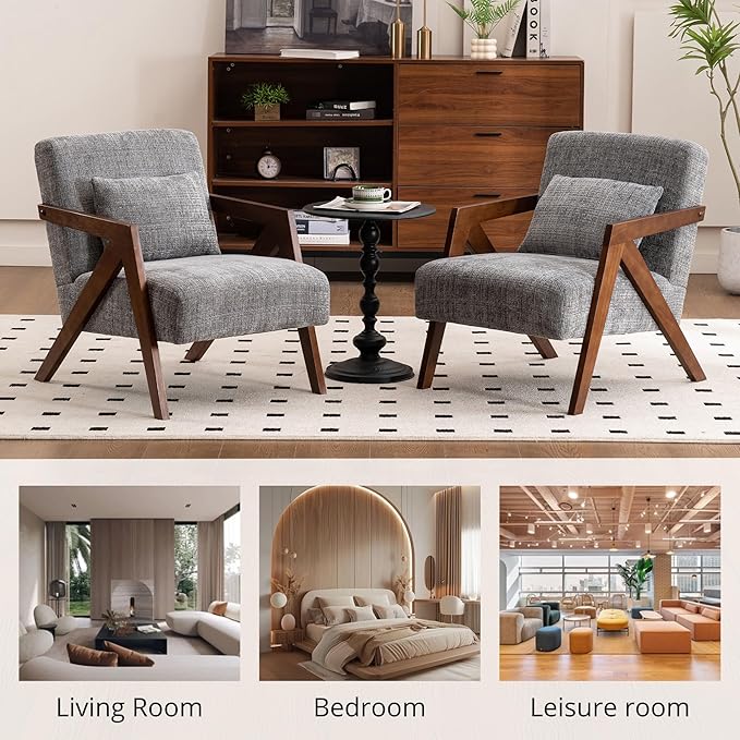Mid-Century Modern Accent Chair with Solid Wood Frame,Upholstered Chenille Living Room Arm Chairs with Pillow for Bedroom, Living Room, Reading Room, Balcony, Grey