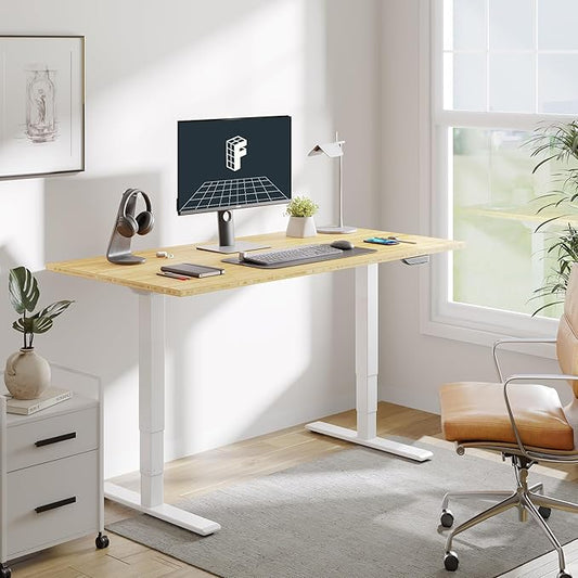 FLEXISPOT E6 MAX Bamboo 55x28 Inch Dual Motor 3-Stage Heavy Duty Standing Desk, 330lbs Weight Capacity, Height Adjustable Desk w/Cable Management & Wheels (Solid Bamboo Desktop + White Frame)