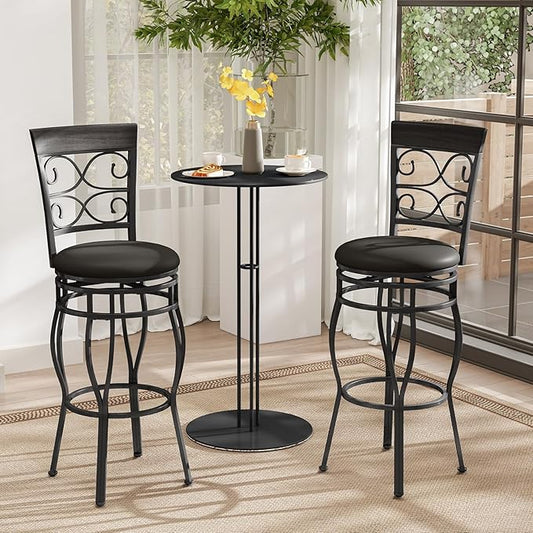 Giantex 30" Swivel Bar Stools Set of 2, Bar Height Bar Stools with Back, Upholstered PU Leather Seat, Footrest, Max Load 330Lbs, Vintage Metal Barstools for Kitchen Island, Dining Room, Pub, Black