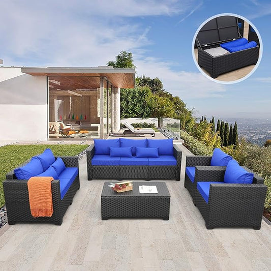 Rattaner Outdoor Wicker Furniture Set 5 Pieces Patio Sectional Sofa Couch Set with Storage Table Royal Blue Anti-Slip Cushions Furniture Covers