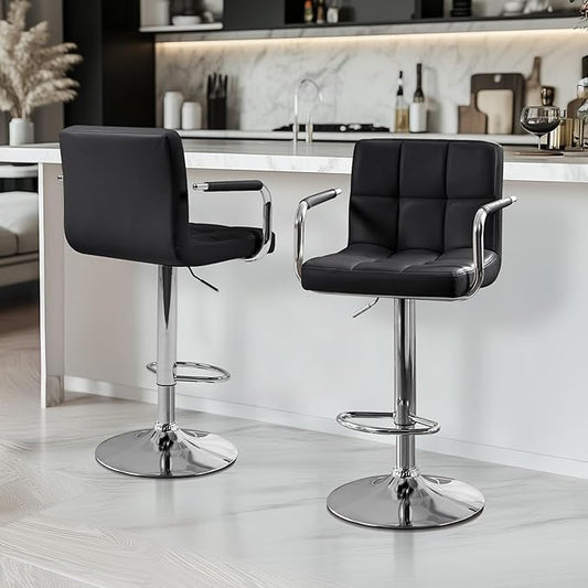 Yaheetech Bar Stools Set of 3, PU Leather Adjustable Barstools with Armrest, Counter Height Stool Chairs with Thickened Seat Cushion for Kitchen Island, Black