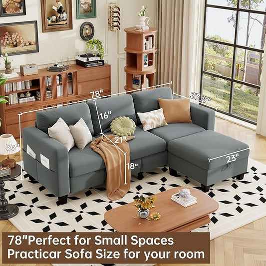 ZeeFu Sectional and Sofa Couches for Living Room - 78'' 3 Seater L-Shaped Modular Couch with Storage Ottoman - Modern Velevt Fabric Upholstered Sofa Set for Small Space Apartment Office
