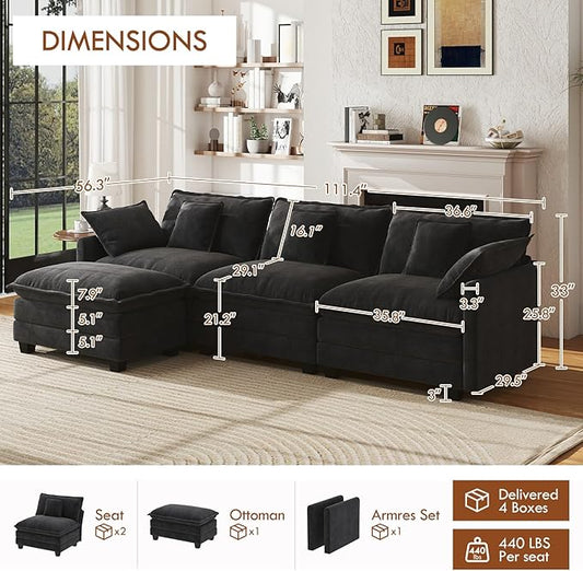 WorthFurni 111.4” Cloud Couch Modular Sectional Sofa with Ottoman, Comfy Modern 3-Seater Couches with Pillows & Upholstered Deep Seat Cushion for Apartment Living Room Bedroom (Black)