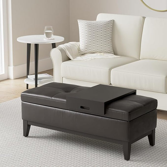SIMPLIHOME Oregon 42 inch Wide Contemporary Rectangle Storage Ottoman Bench with Tray in Tanners Brown Vegan Faux Leather, Assembled, For the Living Room, Entryway and Family Room