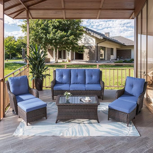HUMMUH Patio Furniture 6 Pieces Outdoor Furniture Set Wicker Outdoor Sectional Sofa with Swivel Rocking Chairs,Patio Ottomans,Patio Coffee Table