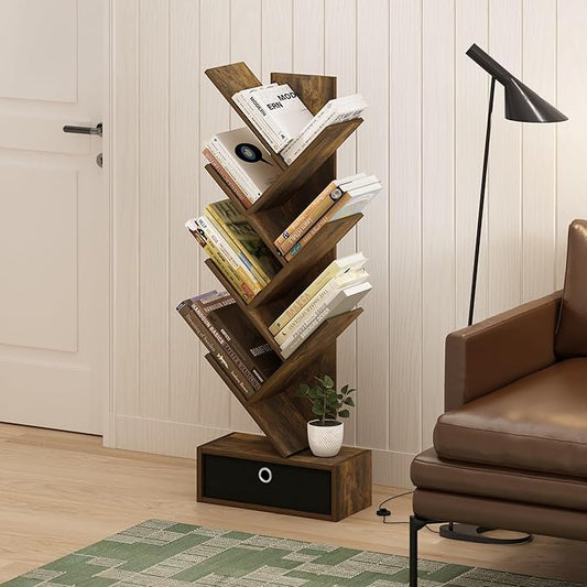 Furinno Tree Book Shelf, 7-Tier Bookshelf, Tree Bookcase with Bin Drawer, 8.4 x 16.9 x 46.2, for Living Room, Bedroom, Home Office, Amber Pine/Black