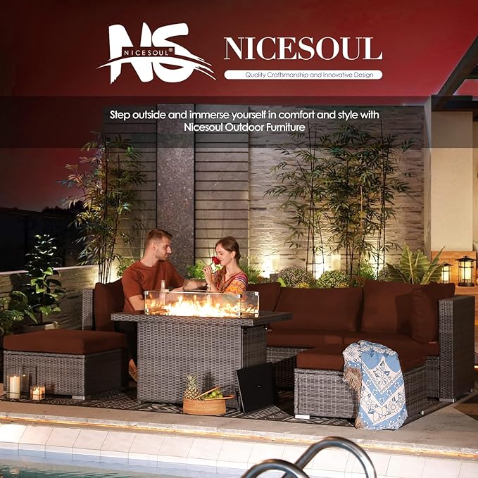 NICESOUL Backyard Furniture Set with Firepits Natural Gas/Propane, 9 Seater XL Oversized Wicker Sectional Couches, 29.3'' High Back Comfy Deep Wide Outdoor Patio Sofa Set, 2 Color Cushion Red & Gray