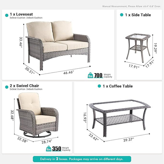 5 PCS Patio Outdoor Furniture Set with Swivel Rocking Chairs,All Weather Wicker Rattan Patio Seating Sofa and Chairs Set,Outdoor Conversaiton Sets for Deck Yard Prrch Garden Poolside,Beige