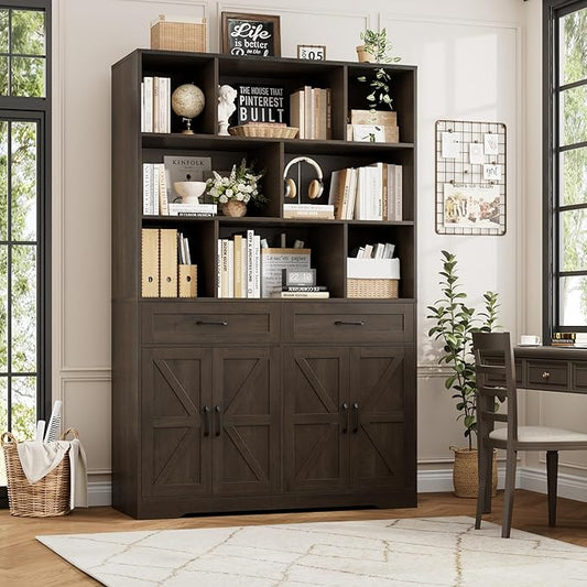 HOSTACK 71" Tall Bookcase with Drawer and Door, 47" Wide Book Shelf and Bookcase with Storage, 6 Tier Large Book Storage Cabinet with 14" Deep Display Shelves for Living Room, Home Office, Dark Brown