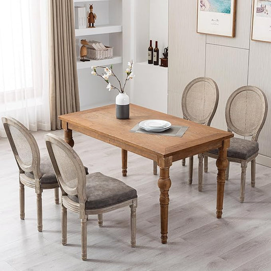 Farmhouse Leather Dining Room Chairs Set of 4 French Dining Chairs with Round Rattan Back French Bistro Chairs for Dining Room/Living Room/Kitchen/Restaurant, Grey