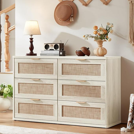 LEYAOYAO Rattan Dresser for Bedroom Set of 2, Boho 48" Wide White Dresser Chest of Drawers, Dressers TV Stand with Metal Handle, Storage Dressers Closet Organizer for Living Room, Hallway