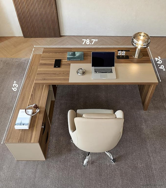 L-Shaped Executive Desk with Lockable Drawers – 79" Modern Large Executive Office Desk with LED, Lateral File Cabinet, Built-In Cable Box, Privacy Panel & Storage Shelves for Home or Business, Left