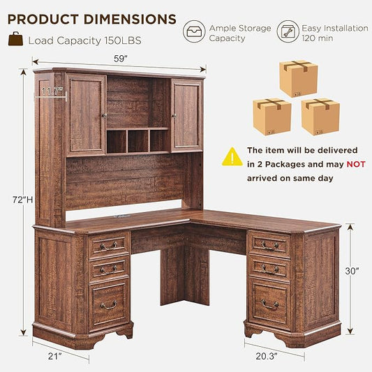 T4TREAM L Shaped Desk with Hutch,59" Farmhouse Wood Home Office Executive Desk,Charging Station,File Drawer, Storage Cabinet,Computer Desk for Work and Study (Reclaimed Barnwood)