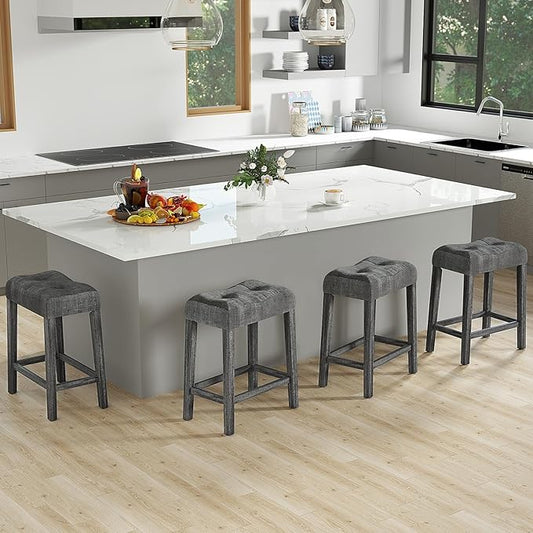 COSTWAY Wooden Saddle Stools Set of 4, 24-inch Counter Height Upholstered Backless Bar Stools with Solid Rubber Wood Legs, Padded Seat, Farmhouse Dining Chairs for Kitchen Island, Cafe, Grey