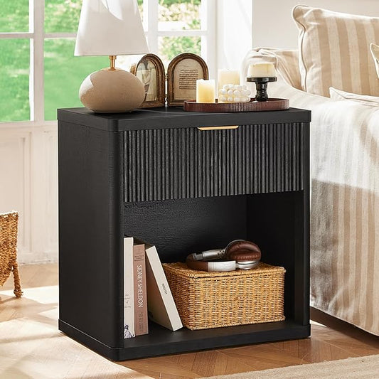 LEYAOYAO Fluted Farmhouse Nightstand Set of 2 with Charging Station, 23" Wide 1 Drawers End Table,Black Dresser for Bedroom,Bed Side Table Chest of Drawers Cabinet,Wood Night Stand for Living Room