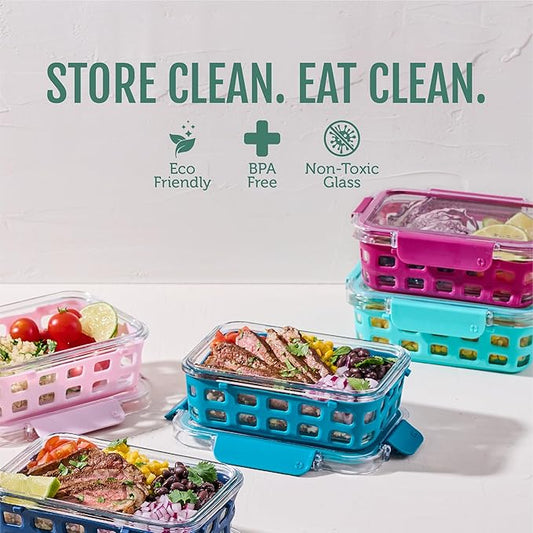 Ello Duraglass 3.4 Cup Meal Prep Sets 10Pc, 5 Pack Set- Glass Food Storage Container with Silicone Sleeve and Airtight BPA-Free Plastic Lids, Dishwasher, Microwave, and Freezer Safe, Evening Orchard