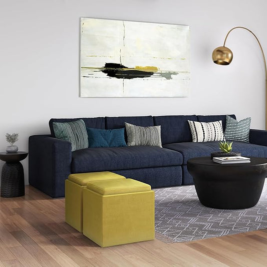 SIMPLIHOME Rockwood 18 inch Wide Contemporary Square Cube Storage Ottoman with Tray in Dijon Yellow Velvet Fabric, Assembled, For the Living Room, Entryway and Family Room
