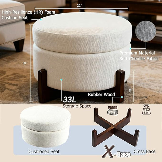 modscape 24-Inch Large Round Chenille Storage Ottoman Coffee Table Upholstered Velent Ottoman Table for Living Room Soft Tufted Circle Boucle Ottoman with Lift-Off Lid X-Base (Ivory, 24in-X-Base)