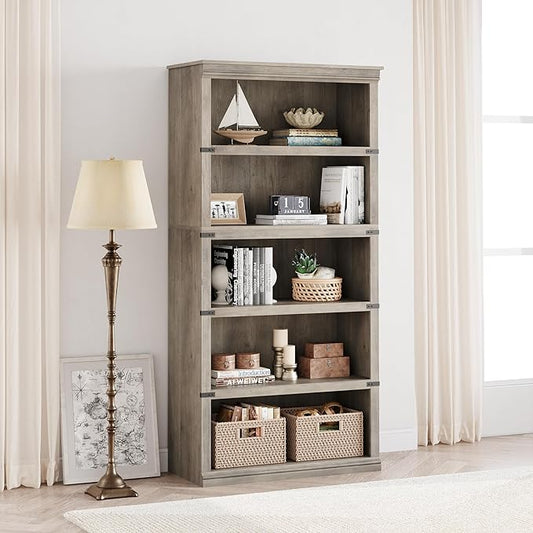 IDEALHOUSE 5 Tier Bookcase, Farmhouse Book Shelf with Storage Open Display Bookshelves, 67.4" Tall Book Case Wooden 5 Shelf Bookcase Home Decor Furniture for Home Office, Living Room, Bed Room - Grey