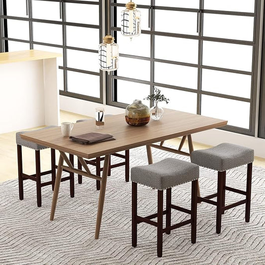 COSTWAY Counter Height Bar Stools Set of 4, 25-inch Backless Saddle Stools with Nailhead Trim, Rubber Wood Frame, Footrest, Max Load 330 Lbs, Upholstered Barstools for Kitchen Island Pub, Grey