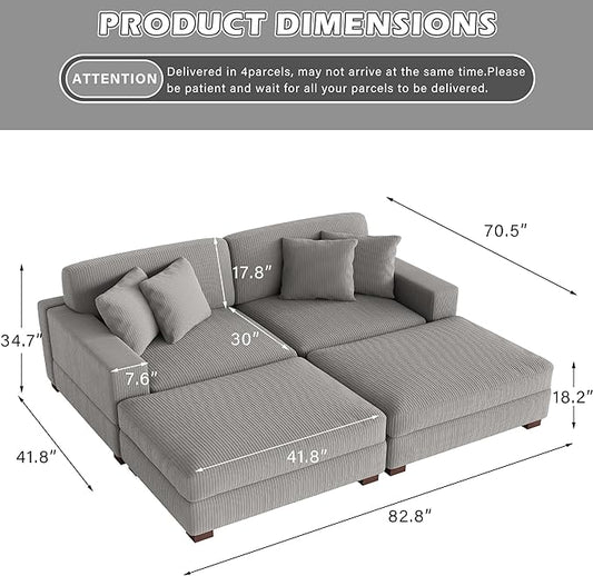 Modular Sectional Couches for Living Room, Modern Loveseat 2-Seater Sofa Couch with Ottoman, Upholstered Couches for Living Room Bedroom, Light Grey