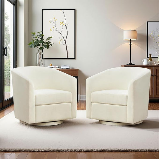 Chenille Swivel Accent Chairs Set of 2, No Assembly Upholstered Armchair, 360° Rotating Barrel Chairs for Living Room, Bedroom, Apartment & Reading Nook (2, Cream White)