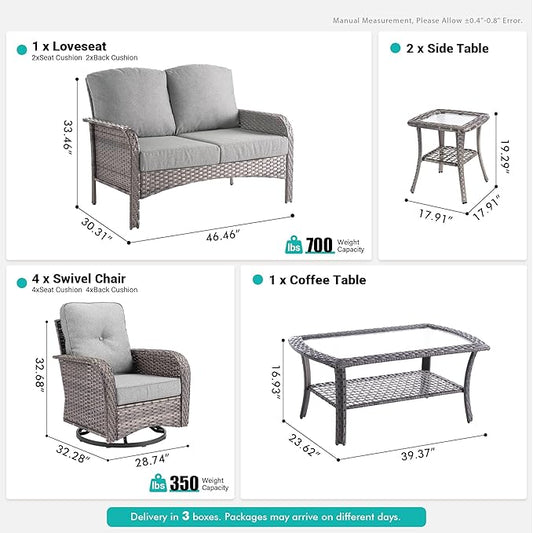 8 PCS Patio Outdoor Furniture Set with Swivel Rocking Chairs,All Weather Wicker Rattan Patio Seating Sofa and Chairs Set,Outdoor Conversaiton Sets for Deck Yard Prrch Garden Poolside,Dark Grey