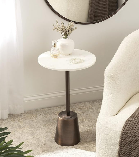 Kate and Laurel Tira Round Side Table, 14 x 14 x 24, White and Bronze, Decorative Pedestal Style End Table for Use as a Bedroom Nightstand or Living Room Accent