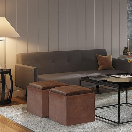 SIMPLIHOME Rockwood 18 inch Wide Contemporary Square Cube Storage Ottoman with Tray in Distressed Saddle Brown Vegan Faux Leather, Assembled, For the Living Room, Entryway and Family Room