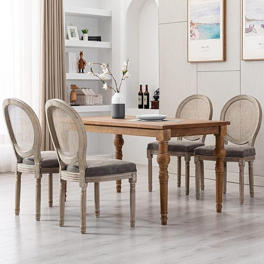 Farmhouse Leather Dining Room Chairs Set of 6 French Dining Chairs with Round Rattan Back French Bistro Chairs for Dining Room/Living Room/Kitchen/Restaurant, Grey