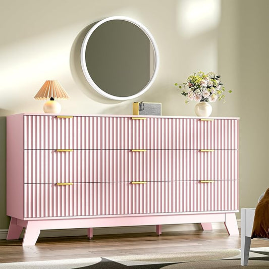 Fluted Dresser for Bedroom with 9 Drawers, 57" Pink Dressers & Chest of Drawers for Girls, Mid Century Modern Dresser of Closet TV Stand, Boho Wood Chests of Drawer for Living Room, Hallway, Pink