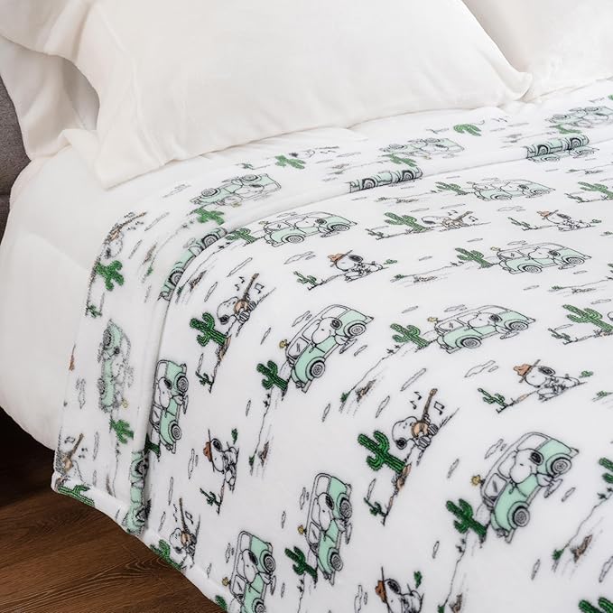 Berkshire Blanket Peanuts® VelvetLoft® Cute Character Snoopy Plush Blanket,Snoopy Desert Travel White,Full/Queen 90 in x 90 in (Official Peanuts® Product)