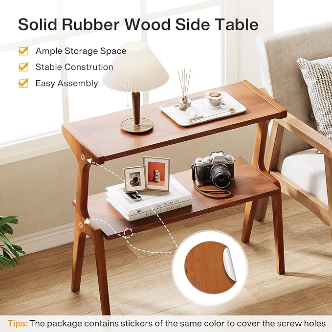 Tribesigns Set of 2 Wood Side Table, 2-Tier Tall Slim End Table with Storage Shelves, Modern Couch Side Table for Living Room, Narrow Bedside Table, Nightstands for Bedroom, Cherry