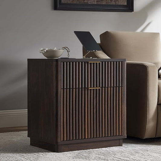 T4TREAM 23'' Fluted Nightstand Set of 2 with Charging Station, Large 2 Drawer Bedside Table, Modern End Table with Storage, Mid Century Night Stand for Bedroom Living Room, Curved Profile, Dark Walnut