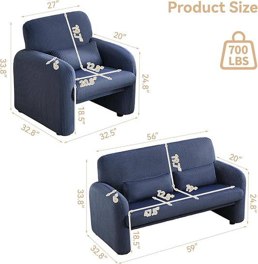Corduroy Accent Living Room Sets, Modern Upholstered Love Seat with 2 Accent Chairs, Wide Comfy Leisure Chair Sets for Bedroom, Office, Blue