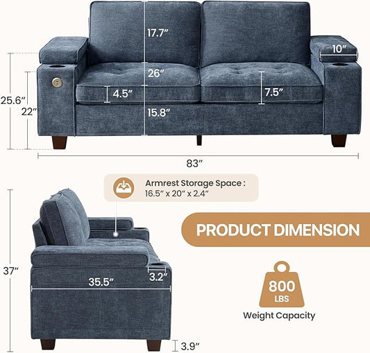 84" Loveseat for Living Room,Modern Chenille Upholstered 2-Seater Loveseat Couch for Apartment,Solid Wood Sofa with Adjustable Storage Armrest,Cup Holders,USB & Type-C Ports(Blue)