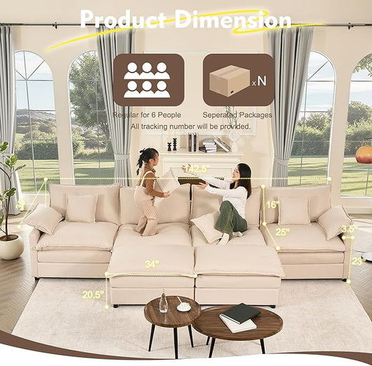 142.5" U Shaped Couch, Modular Sectional Sofa, 3-Seater Comfy Cloud Couch with Movable Ottoman, Deep Seat Couches for Living Room, Linen, Beige